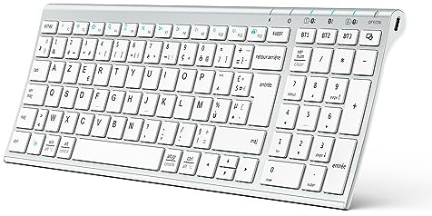 iClever Clavier Bluetooth, Clavier sans Fil Rechargeable Connecter 1 à 3 appareils AZERTY Mac iPad air Pro Tablette Ordinateur PC iPhone iOS Android Windows Ultra-Mince