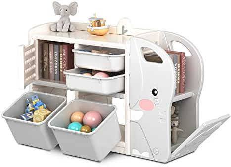 Dripex Kinderregal, Spielzeugregal mit 2 Aufbewahrungsboxen Bücherregal, 101 x 31 x 64.5 cm, Spielzeug Aufbewahrungsregal, Kinderzimmer Regal für Junge, Mädchen