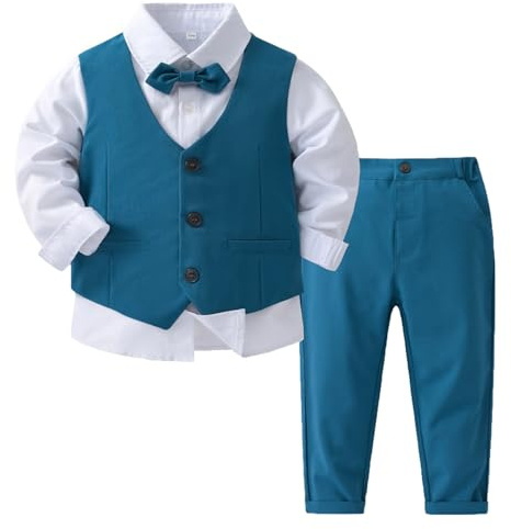 Freebily Smoking Abiti Bambino Neonato 4 PCS Completo Elegante da Matrimoni Cerimonia Battesimo Sposa per Bambini Camicia a Maniche Lunghe con Papillon Gilet e Pantaloni Lunghi Blu 9-12 Mesi