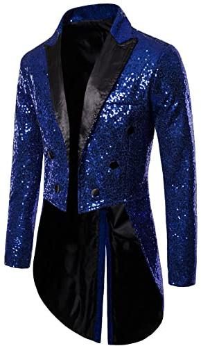 Alaurbeauty Giacca da uomo con paillettes Smoking Frack Slim Fit Frack Abito cappotto a coda di rondine per cena, festa, matrimonio Blazer Abito, Blu scuro, L