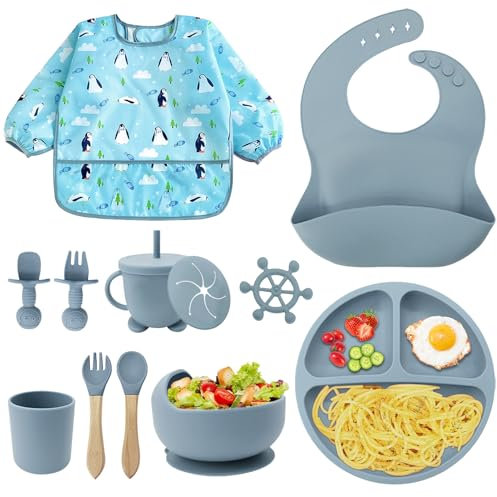 NATNAV Baby Geschirrset Silikon 11Stück Rutschfest Kindergeschirr Set mit Saugnapf, BPA Frei Esslernbesteck Sets mit Löffel Gabel Schüssel Lätzchen Becher Trinklernbecher Teller Beißstab Kittel Blau