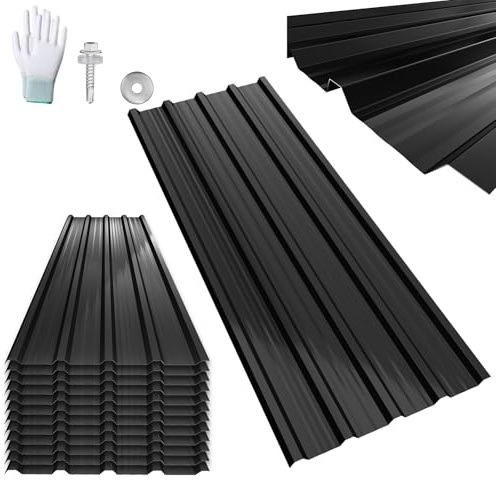 ACXIN 12 fogli profilati in lamiera trapezoidale, 129,5 x 45 cm = 7 m², zincata, lamiera per tetto in acciaio zincato per casetta da giardino carport, con viti e guanti di montaggio, colore nero