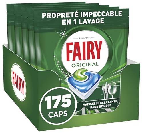 Fairy Original Tablettes Lave-Vaisselle Tout-en-1, 175 Tablettes (35x5), Sans Parfum, Efficaces Contre La Graisse Incrustée, Dissolution Ultra-Rapide, Sans Odeur ni Résidus