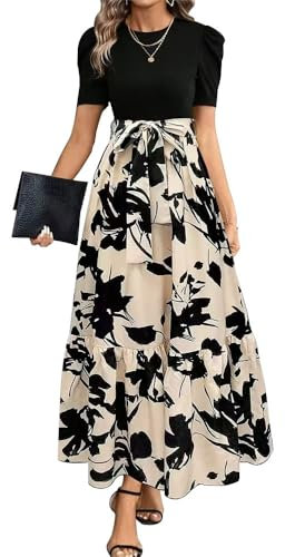 XFSRG Maxikleid Damen Rundhalsausschnitt Kurzarm Blumen Maxilang Kleid Sommer Rüschen Hohe Taille Langes Lockeres Bodenlanger Freizeitkleid(Beige/M)