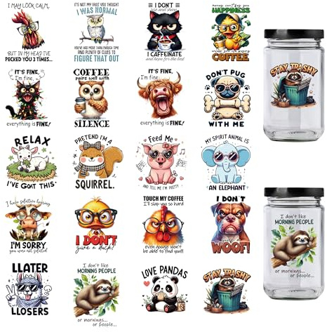 Funny UV DTF Cup Wraps - 20 Sheets Sarcastic Animal Theme UV DTF Cup Wraps Transfer Stickers Rub on Transfers for Glass Mugs Coffee Decals Stickers Laptop Mobile Phone Case DIY Crafts (8 * 8CM)