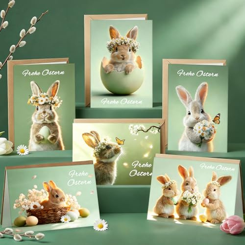 GluckGeschenk 12 tarjetas de Pascua con sobre, tarjeta de Pascua plegable con diseño de conejo de Pascua y huevos de Pascua, para familia, amigos y colegas