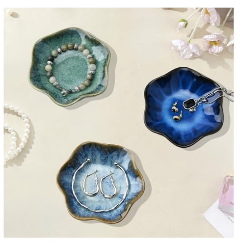 YoHyien 3 Pièces Ceramique Coupelle Bijoux, Décoratif Vide Poche Entree, Forme de Fleur Plateau Bijoux, Decorative Bowl Jewellery, Plateaux à Bijoux pour Bibelot, Bague (Lagon + Glacier + Étoilé)