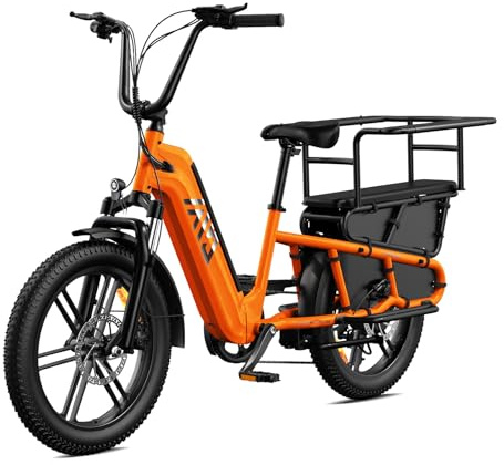 TST Bicicleta Eléctrica para Adultos con Asiento Trasero y Control por App, Bicicleta Cargo 20 Llantas Fat Batería 48V 15Ah 250W Autonomía 60KM Carga 204kg, Portaequipajes, Suspensión, Cuadro Bajo