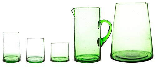 Nicola Spring 20pc Recycled Glassware Set - Green - Hand-Blown Moroccan Glass Tumblers, Highballs, Jug & Vase - Sustainable Eco-Friendly Drinkware for Juices, Cocktails, Water, Home, Bar