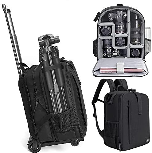 Cwatcun Camera Backpack Trolley Case Bag with Tripod Holder Anti-Theft Waterproof Camera Bag fits 15.6' Laptop for Canon Nikon Sony DSLR SLR Camera for Women Men Photographer(5.0 Black, Large)