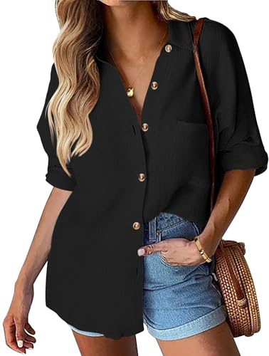 Hotouch Damblus bomull skjorta fritid långärmad skjorta blus v-ringad elegant för knappar långärmad skjorta casual arbetströja S–XXL, A-svart, L