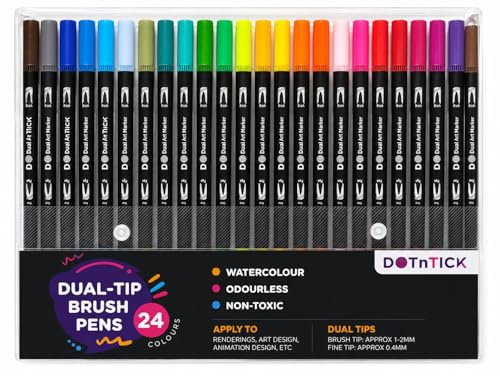 DOTnTICK 24 Dual Tip Brush & Fineliner Colouring Pens – Colouring Markers for Kids, Teens & Adults Felt Tip Pens for Colouring Books, Calligraphy, Drawing, Sketching, Journaling & School Art