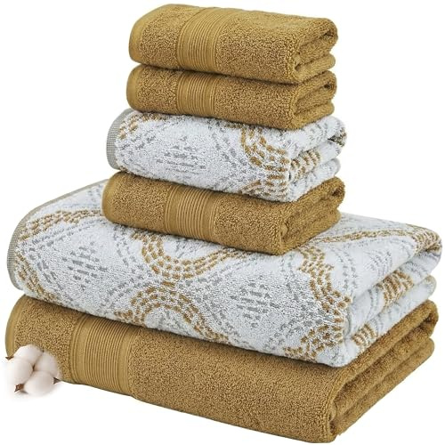 Modern Threads Capri Lot de 6 Serviettes Jacquard réversibles en Fil Teint – Serviettes de Bain, essuie-Mains et débarbouillettes – Super absorbantes et à séchage Rapide – 100% Coton peigné – Doré