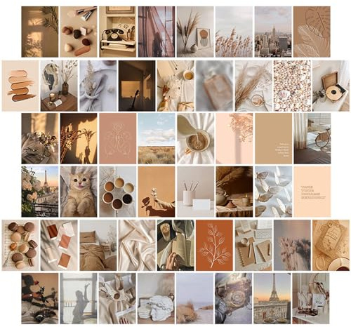 Wenrou 50 stycken collage-tryck i boho-stil, premium väggcollage, bohokort, varmt collage-tryck, beige bilder, väggcollage-kit, rumsdekoration estetiskt för flickor, estetiskt väggcollage-set