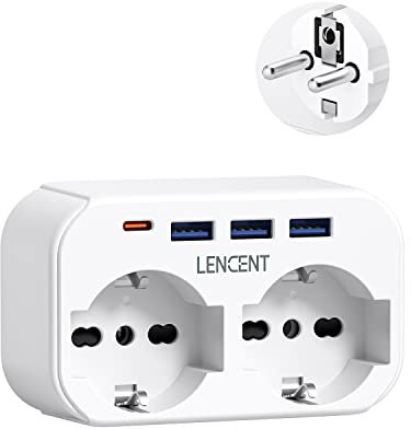 LENCENT Adattatore Spina EU da Viaggio, Presa Italiana con 2 Prese e 3 USB e 1 USB-C, Adattatore Spina Europa per Germania,Francia, Spagno, Adattatore Multipresa Europa 4000W -Bianco