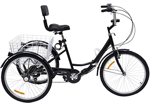 RainWeel Trehjuling för vuxna 60 cm vikbar trehjuling lastcykel vikbar 7-växlad tricycle med shoppingkorg, mugghållare och ljus (svart)