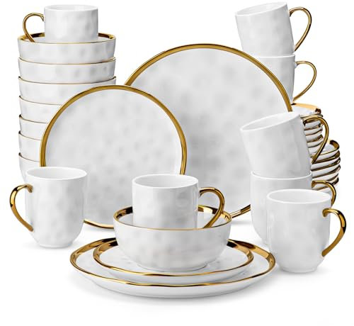 LOVECASA Serie Apollo Servizio di Piatti con Bordo Oro Servizio Combinati in Gres Set di Stoviglie per 8 Persone, 32 Pezzi con 8 Ciotole, 8 Tazze, 8 Piatti da Dessert e 8 Piatti Piani Bianco