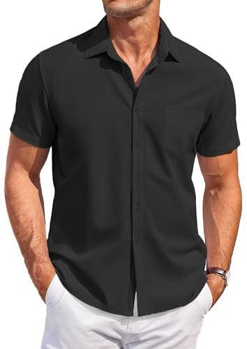 COOFANDY Men's Shirt Short Sleeve Casual Shirts Business Regular Fit Shirt Summer Beach Button Down Shirts with Pocket Black L