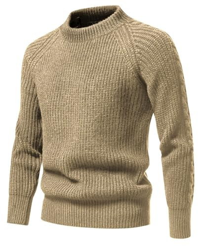 Mens Knitted Jumpers, Chunky Fisherman Jumper, Crew Neck Cotton Sweater, Thick Thermal Pullover Knitwear Raglan Sleeve Work Jumper Golf Sweater Autumn Winter Casual Warm Solid Color Jumpers Khaki