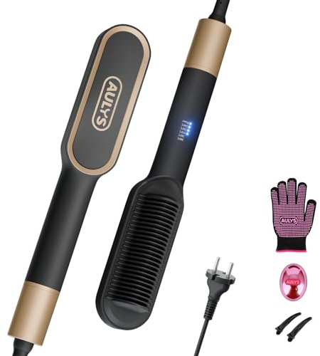 AULYS Haarglätter Bürste mit Keramik, Glättbürste mit 25s PTC-Heizung, 5 Temperaturstufen (140–200°C), Anti-Verbrühung, Heizbürste für schnelles Styling