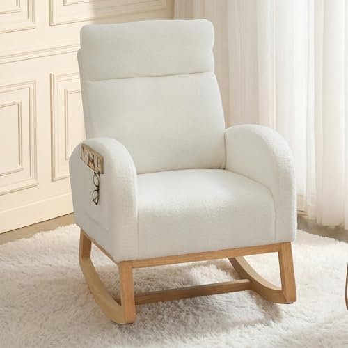DEKKETO Teddy Nursing Rocking Chairs for Adults, Nursery Rocking Chair for Mum, High Backrest Boucle Armchairs with Wood Base and Side Pocket, Comfy Glider Chair for Living Room Bedroom, Ivory