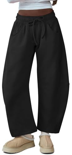 HeSaYep Women's Barrel Leg Sweatpants Drawstring Wide Leg Lounge Pants Baggy Casual Cotton Sweat Pants with Pockets, Black, M