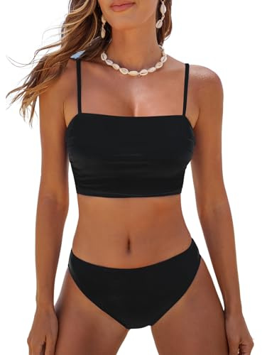 Cupshe - Set bikini da donna, costume da bagno a due pezzi, top a fascia, scollo quadrato, vita media, con ruches, spalline sottili, nero, M