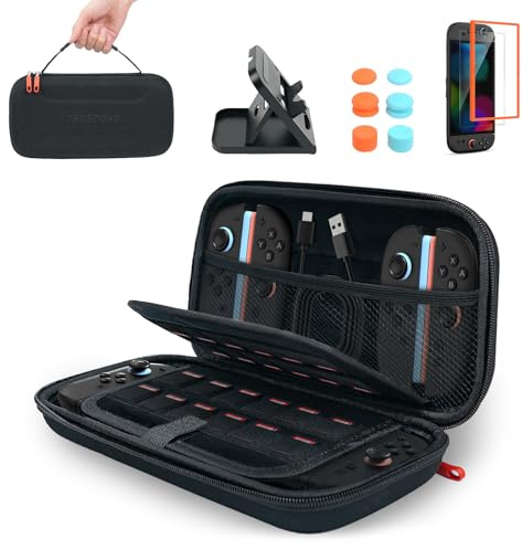 TRANSNOVO Étui de Protection avec Verre Trempé pour Nintendo Switch 2 Console, Housse Pochette de Transport Rigide Portable avec 24 Cartes de Jeux, Support pour Switch 2 Accessories et Manette Joycons