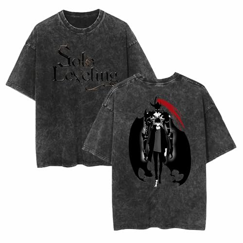 Anime Solo Leveling Sung Jin-Woo T-shirt en coton délavé de style rétro pour les fans de manga, cadeau de cosplay, noir 1, L