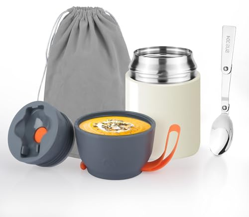 AUROAY Contenitore Termico per Alimenti Caldi 450ml,Termos Portacibo in Acciaio Inossidabile con Borsa e Cucchiaio,Portavivande Termico per Adulti Pappa Neonati,Isotermico Sottovuoto per Cibi