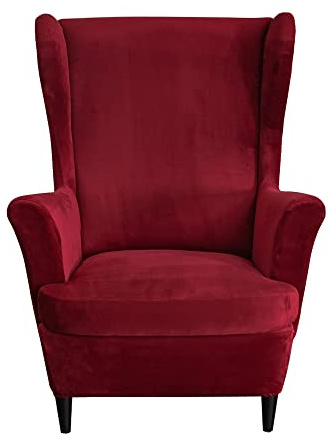 ABZDUNG Copripoltrona 1 posto con orecchie elasticizzato 2 pezzi copripoltrona velluto Fodere per poltrone a orecchioni Coprisedile per poltrona(Vino Rosso)