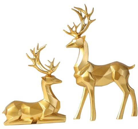 ELAYARD 2 Piezas Figuras de Reno Decorativas Modernas Adorno Navideño de Resina con Diseño Minimalista Ciervos Dorados para Decoración de Hogar Sala y Escritorio