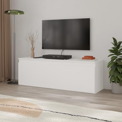 Modern TV Unit with Drop-Down Door – Sunset Lowboard for TVs up to 50” – Compact Media Console Cabinet with Storage – 120cm Wide – Minimalist Design – Easy Assembly – 3 Colours (White)