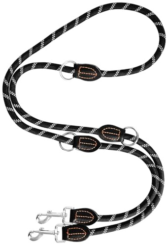 Guinzaglio per Cani Regolabile 2m per Cani Di Taglia Grande e Media, Guinzaglio Doppio Regolabile Multifunzionale in Nylon con 2 Moschettoni, Nero