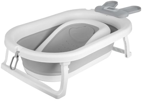 Badkar med termometer, halkfri babydrickare, bärbart babybadkar för spädbarn 0–3 år, (kanin) 43 x 18 x 86 cm - grå