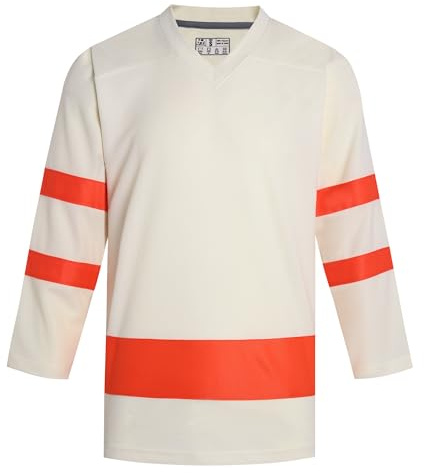 Pullonsy Blank Ice Hockey Jerseys for Men Women Boys Girls Practice Workout Shirts Sports Uniforms Old School Sports Fan Tops Beige Jersey-Orange Stripe, Men Size Small