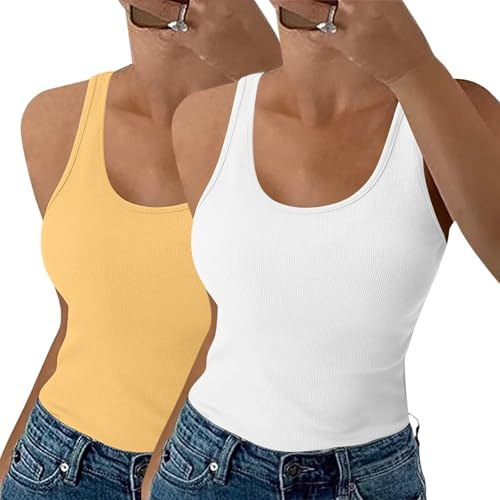 Aottori Canotta Donna Girocollo Costine Slim Fit Estiva Pacco da 2 | Canottiera Elegante, Basic Top, Cotone, Elasticizzato, Sottogiacca Senza Maniche, Smanicata Sexy