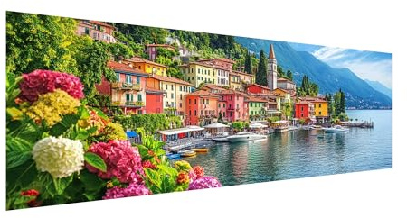 MOMAKA Grande Diamond Painting Kit Pueblo Del Lago, 5D DIY Kits de Pintura Diamante Paisaje, Bordado Pintura de Diamantes de Imitación Punto de Cruz por Números para Decoración de Pared Hogar 30x80 cm