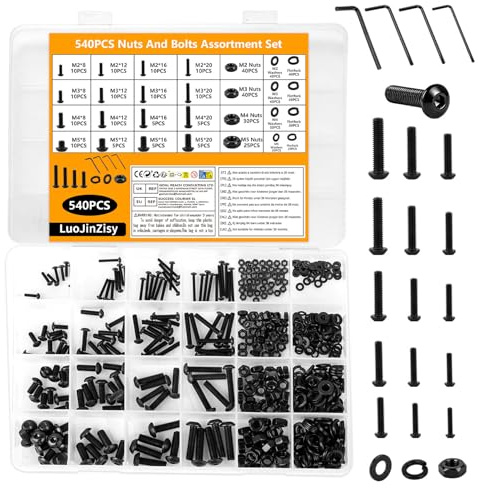 540 Pz Viti M2 M3 M4 M5, Set di Bulloni e Dadi, Kit di Bulloni Testa Bombata, Viti a Testa Tonda con Esagono Incassato con, Kit di Vite a Brugola Nero con Rondelle