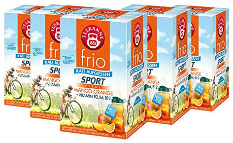 Teekanne frio Sport Vital Mango-Orange Vitamin B2, B6, B12, 18 Teebeutel, 5er Pack