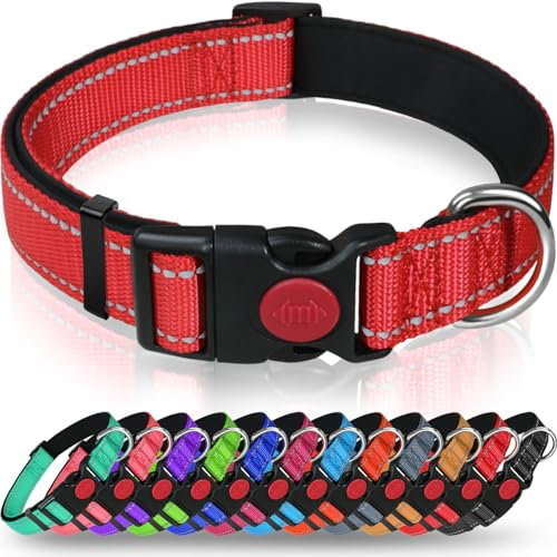 Taglory Hundehalsband, Weich Gepolstertes Neopren Nylon Hunde Halsband für Mittlere Hunde, Verstellbare und Reflektierend für das Training, Rot