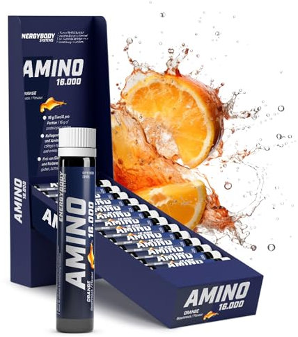Energybody® Amino Liquid 16.000 - Aminosäuren Komplex Hochdosiert flüssig - 20 Ampullen à 30 ml & 16g Protein für Muskelaufbau/mit Arginin & Ornithin, glutenfrei, laktosefrei - Orange