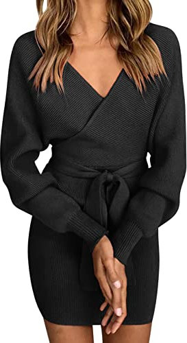 heekpek Strickkleid Damen Winter Minikleid Strick Sexy V-Ausschnitt Warm Langarm Minikleid Eng Strick Tunika Stretch Bequem Strickkleider Damen mit Gürtel, Schwarz, M
