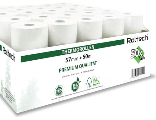 ROLTECH | 50 termopappersrullar | 57 mm x 50 m x 12 mm | BPA-fri | EC Cash | kassarullar | termopapper | kvittorullar | premiumkvalitet (50)
