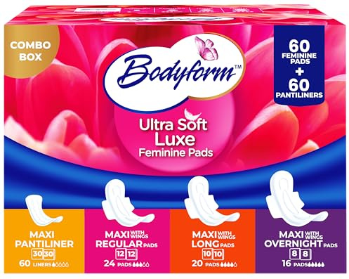 Bodyform Luxe Feminine Pads and Pantyliners Combo – 120 Count (60 Pads + 60 Liners), Ultra-Soft, Super Absorbent, Leak Protection, Daily Comfort & Freshness