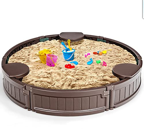 GYMAX Sabbiera per Bambini, Sabbiera con 3 Sedili Staccabili, Sabbiera Rotonda con Coperchio in Tessuto Oxford, Resistente alle Intemperie, per Bambini di più di 3 Anni, per Esterni, Marrone