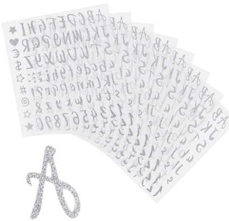 Dokeno 640 Piezas 8 Hojas Pegatinas de Letras Alfabeto Brillante y Números Adhesivas Autoadhesivas para Scrapbooking Letreros Buzón (Plata)