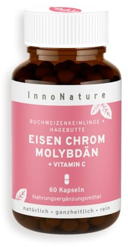 InnoNature Eisen Chrom Molybdän Kapseln | natürlich aus Buchweizenkeimlingen und Hagebutte | 60 Kapseln, 14 mg Eisen + 80 μg Chrom + 100 μg Molybdän pro Kapsel | glutenfrei, vegan, pflanzlich