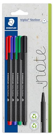 STAEDTLER triplus Fineliner 334, dreikant, superfeine, metallgefasste Spitze, ca. 0.3 mm, aus 97% Rezyklat, Made in Germany, Set mit 4 Stück auf Blisterkarte, sortierte Farben, 334-S BK4
