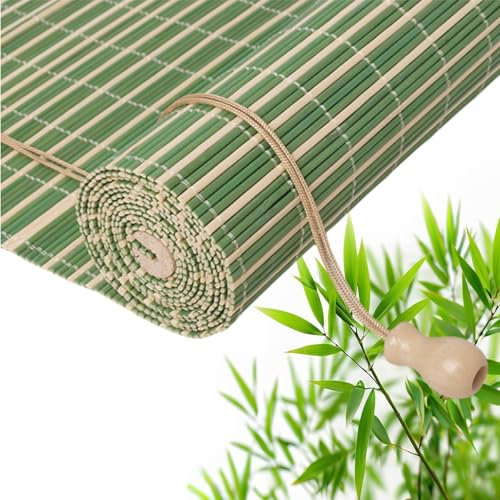 Customizable Bamboo Roller Blinds, Light Filtering Hanging Roll Up Shades, Sun Shade Dustproof Decorative Curtain, Screen Partition Blind, Easy to Install, for Indoor/Outdoor/Garden(A-Green White)